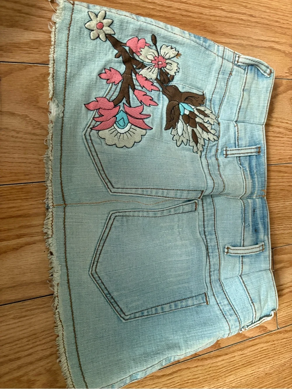 Light Blue Embroidered Denim Mini Skirt - Women Jeans